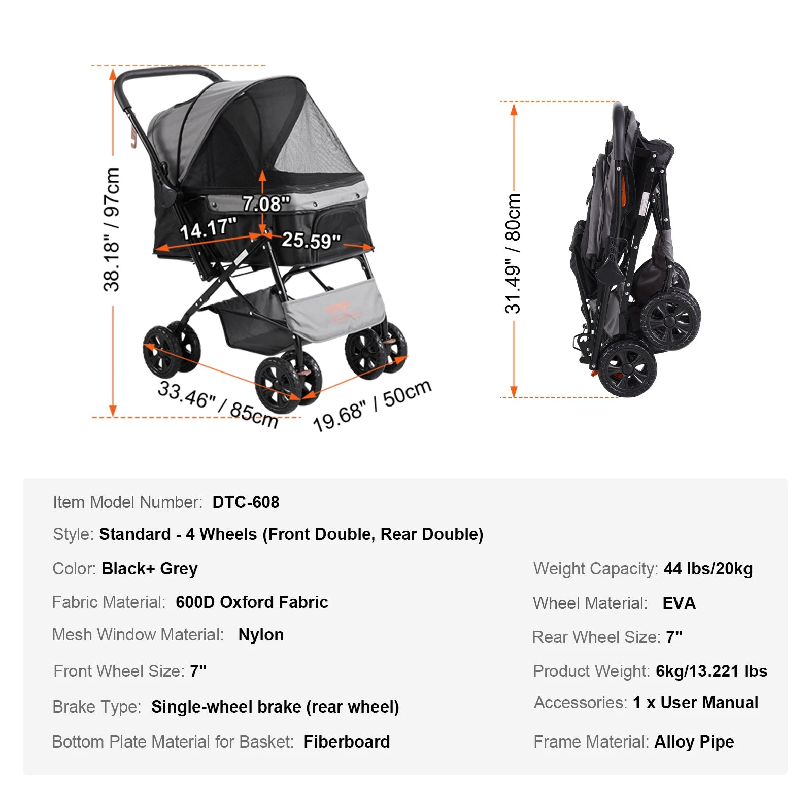 SucceBuy Lightweight Pet Stroller Carrier for Dogs & Cats – Travel-Friendly, 360° Rotation, Brakes, Cup Holder