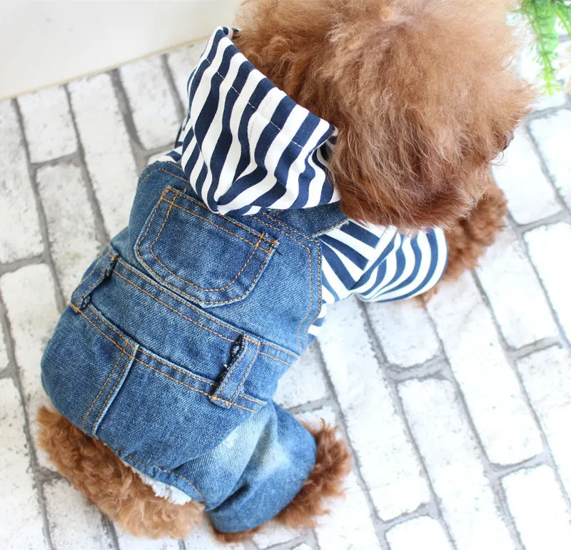 Pet Denim Jumpsuit – Dog Jeans Hoodie Jacket for Small & Medium Dogs, Vintage Blue Vest