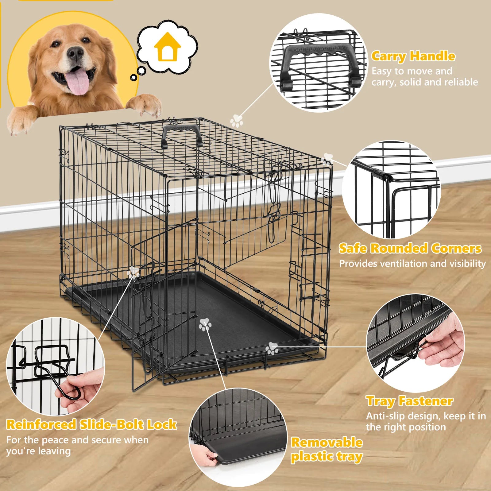 JHK Folding Double Door Dog Crate – XL Metal Wire Cage with Leak-Proof Tray for Indoor & Travel Use