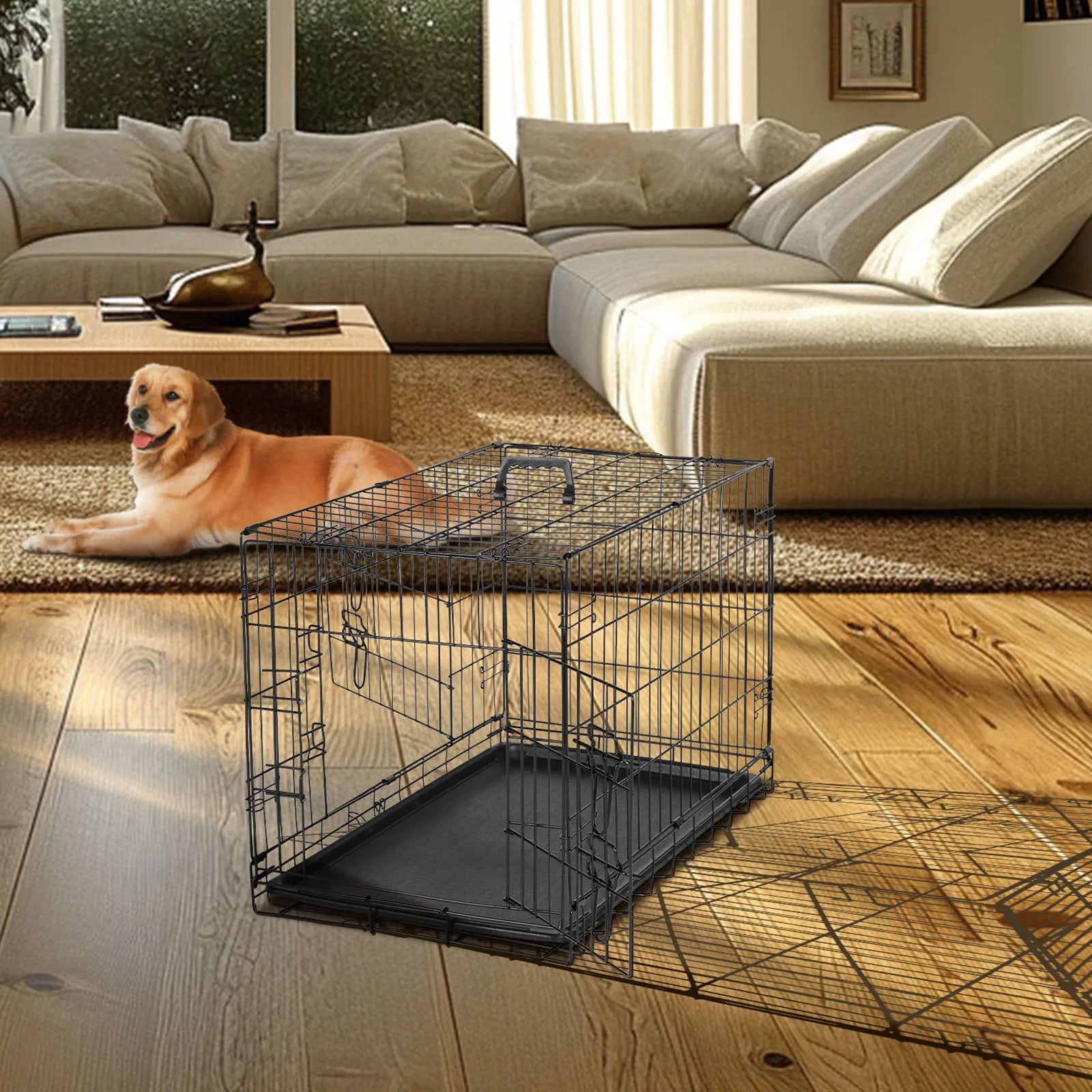 JHK Folding Double Door Dog Crate – XL Metal Wire Cage with Leak-Proof Tray for Indoor & Travel Use