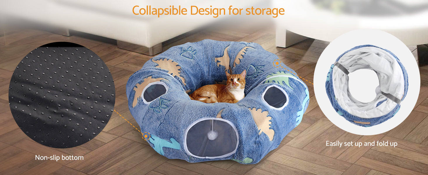 Cat Tunnels for Indoor Cats Foldable & Washable Interactive Play System with Peekaboo Cave + Plush Bed | 4 Entry Adventure Zone