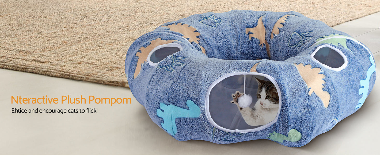 Cat Tunnels for Indoor Cats Foldable & Washable Interactive Play System with Peekaboo Cave + Plush Bed | 4 Entry Adventure Zone