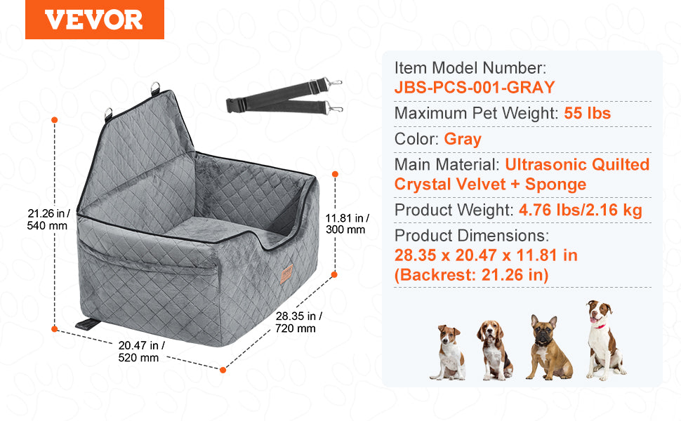 VEVOR Dog Car Seat – Booster Seat with Storage Pocket & Sponge Filling | Travel Car Bed for Medium to Large Dogs up to 55 lbs (Gray)