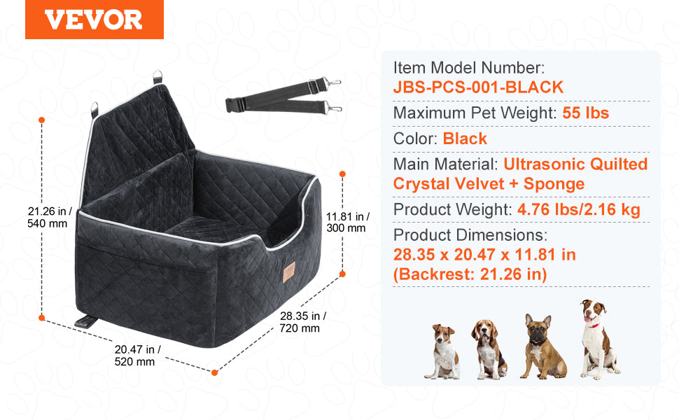 VEVOR Dog Car Seat – Booster Seat with Storage Pocket & Sponge Filling | Travel Car Bed for Medium to Large Dogs up to 55 lbs (Gray)