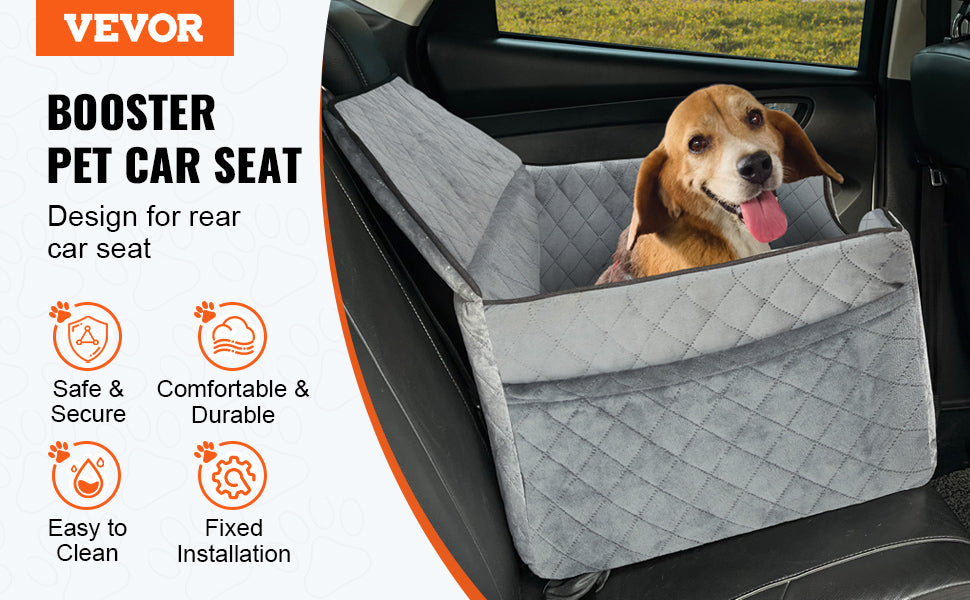 VEVOR Dog Car Seat – Booster Seat with Storage Pocket & Sponge Filling | Travel Car Bed for Medium to Large Dogs up to 55 lbs (Gray)