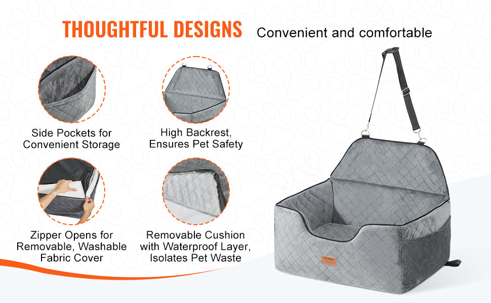VEVOR Dog Car Seat – Booster Seat with Storage Pocket & Sponge Filling | Travel Car Bed for Medium to Large Dogs up to 55 lbs (Gray)