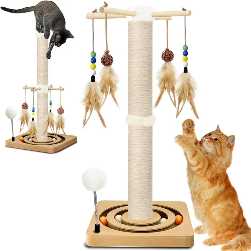 Interactive Cat Furniture Toy – Wall or Floor Mounted Scratcher Tree Tower with Hanging Toys & Ball Track for Adult Indoor Cats
