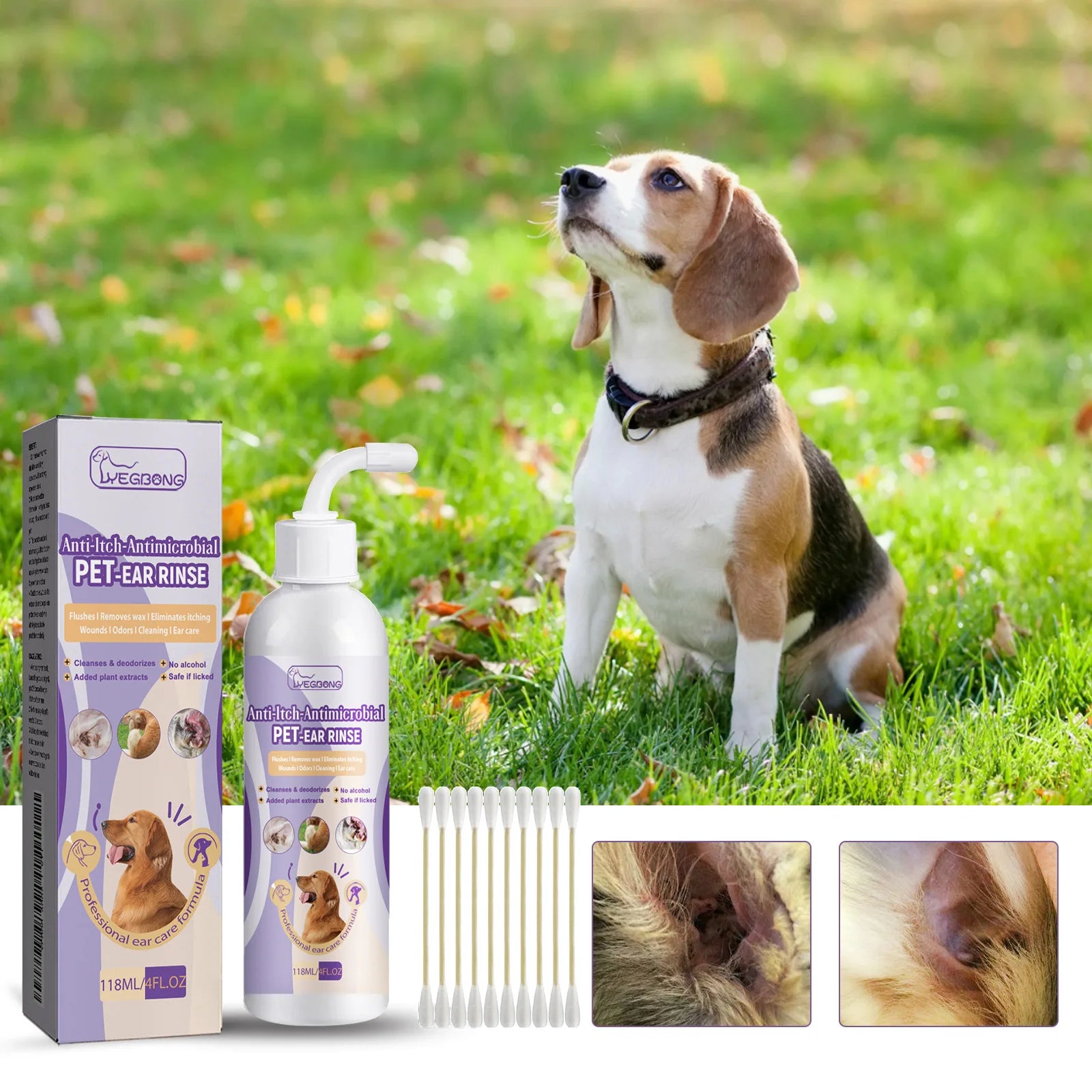 Yegbong Pet Ear Cleansing Drops – 118ml Liquid for Dogs & Cats, Itch Relief, Ear Mite Treatment, Odor Remover & Earwax Cleaner