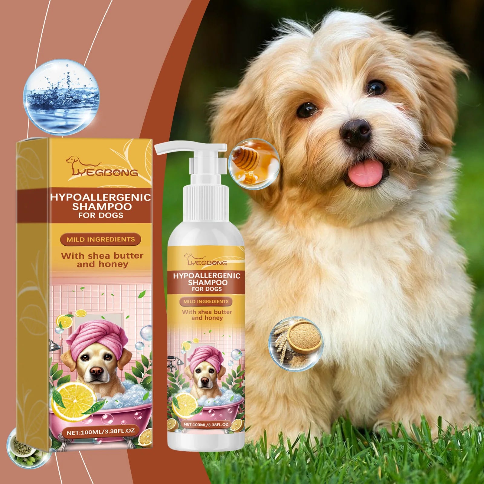 Yegbong 100ml Hypoallergenic Dog Shampoo – Gentle Bath Wash for Itchy Skin Relief, Hair Softening & Fur Nourishment