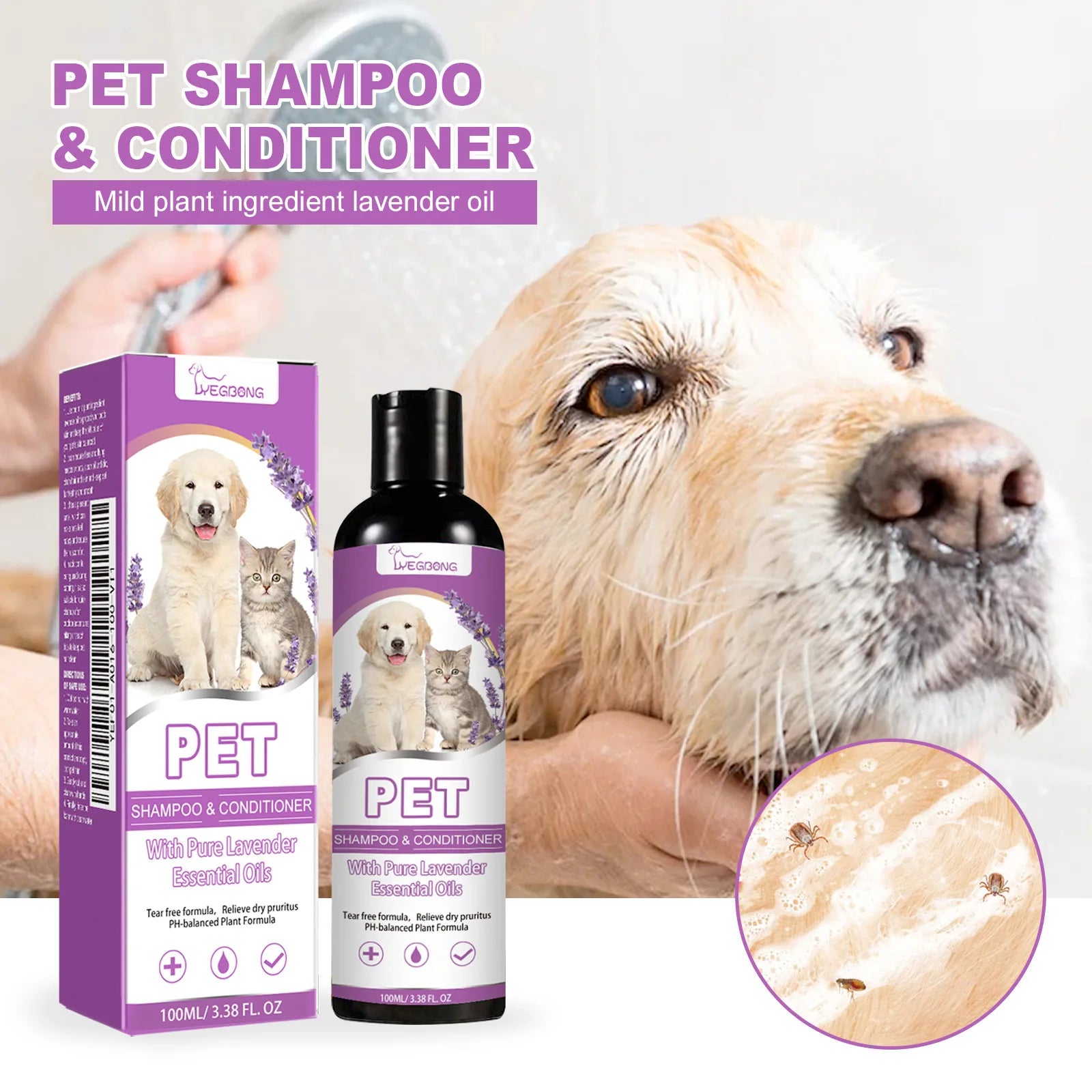Yegbong 2-in-1 Pet Shampoo & Conditioner – 100ml Hair Softening, Itch Relief, pH-Balanced Cleanser for Dogs & Cats