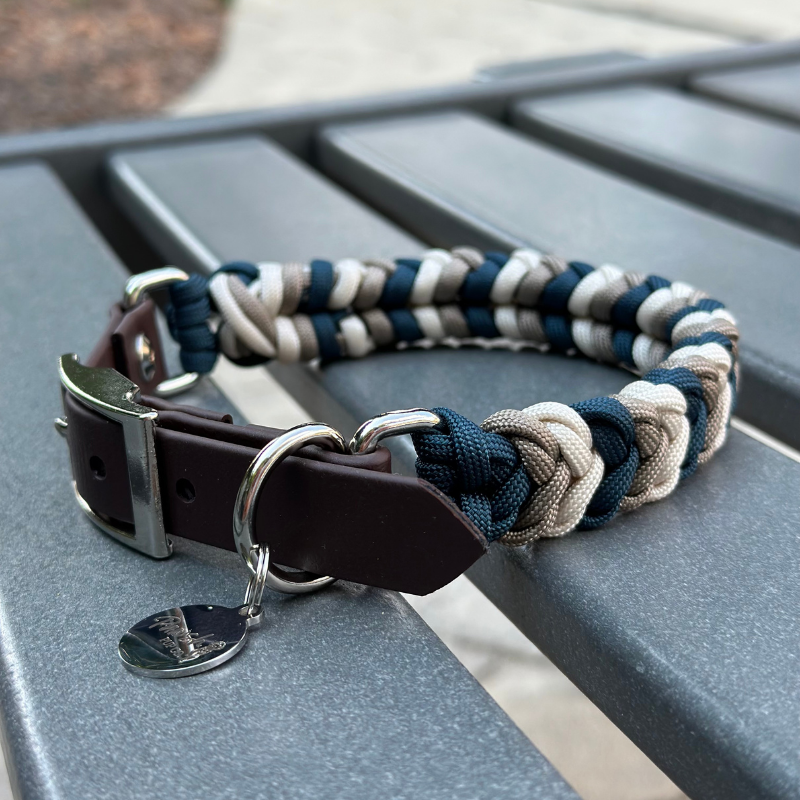 Coiled Charm Hand Braided Dog Collar in Navy, Tan, & Cream