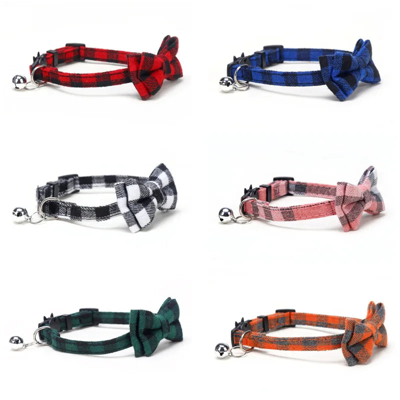 Plaid Breakaway Cat Collar with Bow Tie & Bell – Adjustable Holiday Pet Collar for Cats & Small Dogs