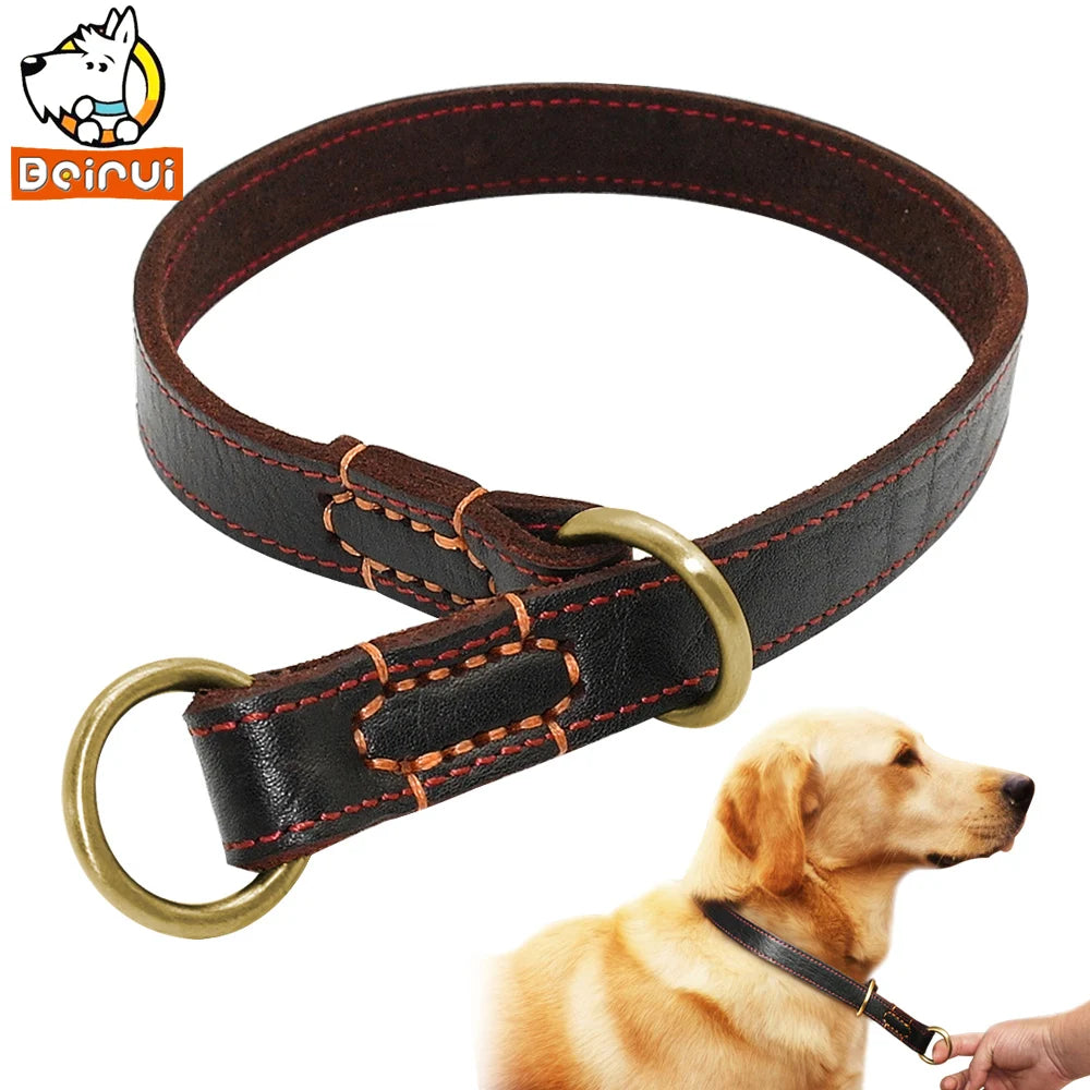 Durable Real Leather Slip Collar – Choke Training Dog Collar for Medium & Large Breeds (Black/Brown)