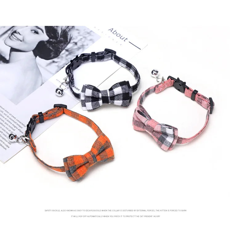 Plaid Breakaway Cat Collar with Bow Tie & Bell – Adjustable Holiday Pet Collar for Cats & Small Dogs