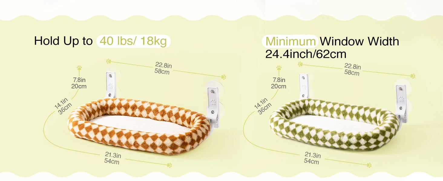 Mewoofun Foldable Cat Window Perch – Cordless Cat Hammock with 4 Strong Suction Cups & Removable Soft Cover (White, Brown, Green)