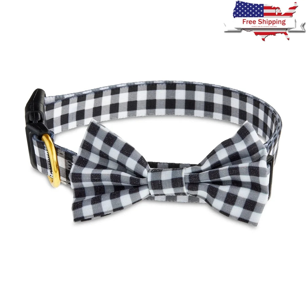 Gingham Bow Tie Dog Collar – Adjustable Medium Size Durable Polyester with Leash Attachment