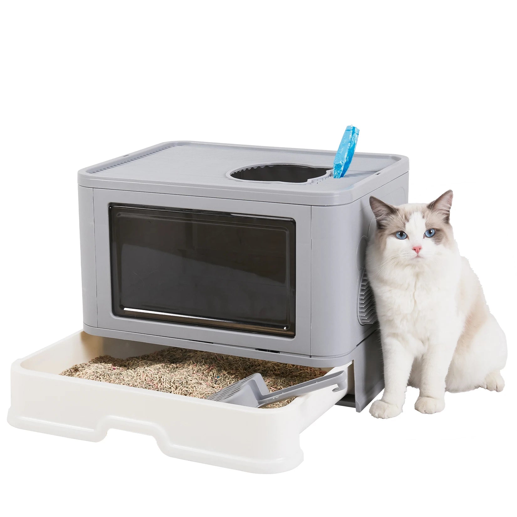 Foldable Enclosed Cat Litter Box – Front Entry & Top Exit Design with Massager, Litter Scoop & Space-Saving Foldable Structure