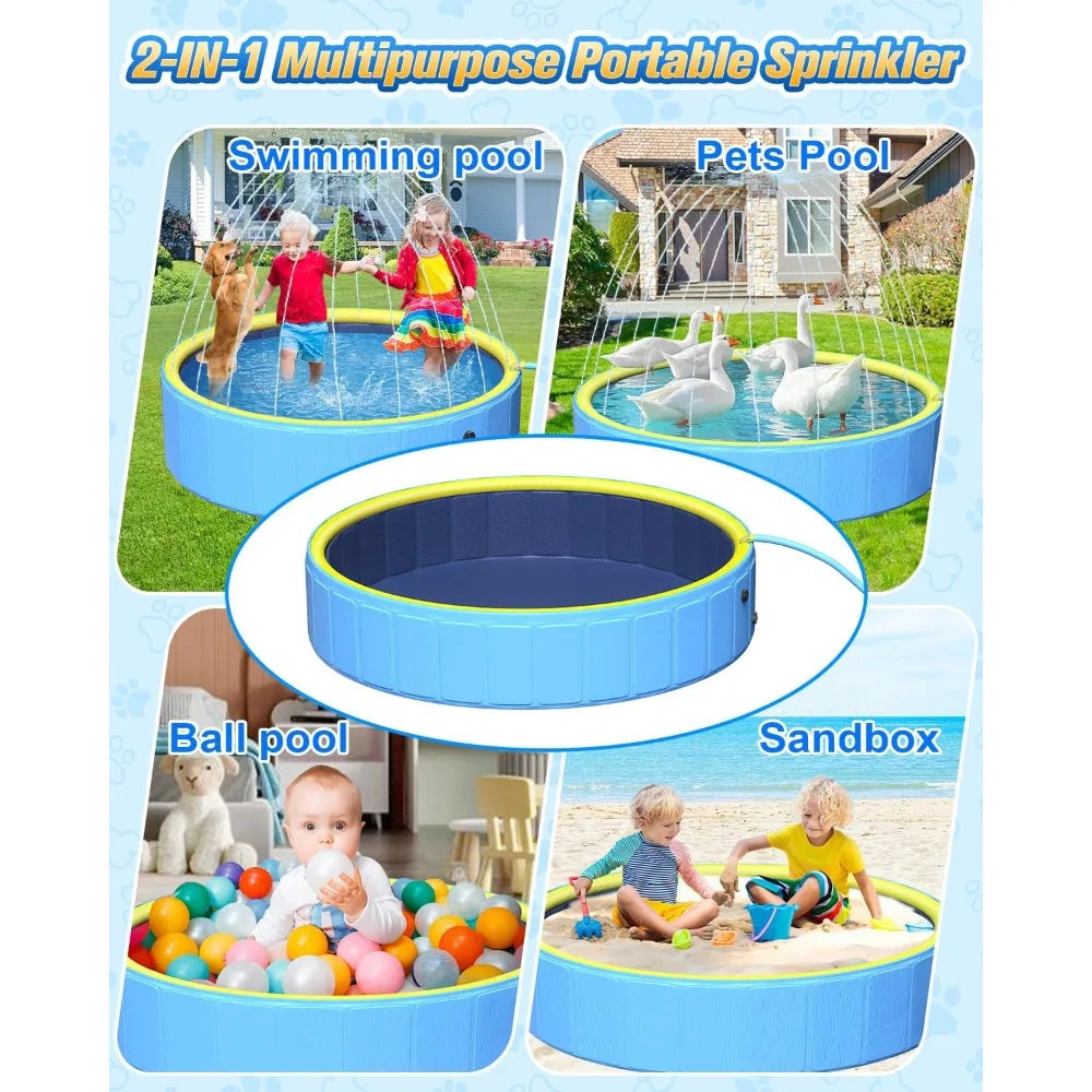 63" Thicken Foldable Dog & Kiddie Pool – 2-in-1 Non-Slip Hard Plastic Pet Bath and Sprinkler Pool for Summer Outdoor Fun