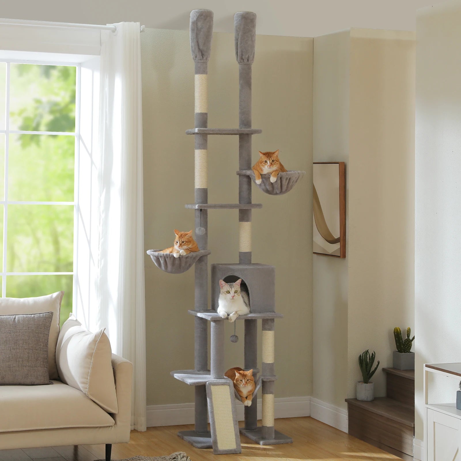 Adjustable Floor-to-Ceiling Cat Tree Tower – Tall Indoor Cat Furniture with Hammock, Cozy Condo & Sisal Scratching Posts