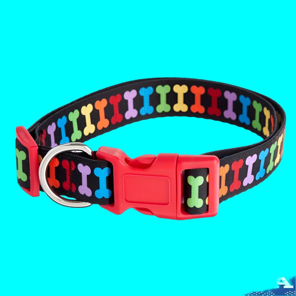 Multicolored Adjustable Dog Collar with Bone Print – Durable & Comfortable for Large Dogs