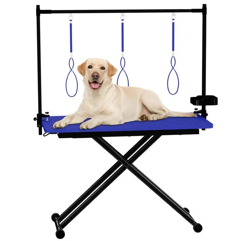 47" X-Lift Large Dog Grooming Table – Foldable Adjustable Pet Station with Arms, Nooses, Mesh Tray & Tool Rack (Blue)