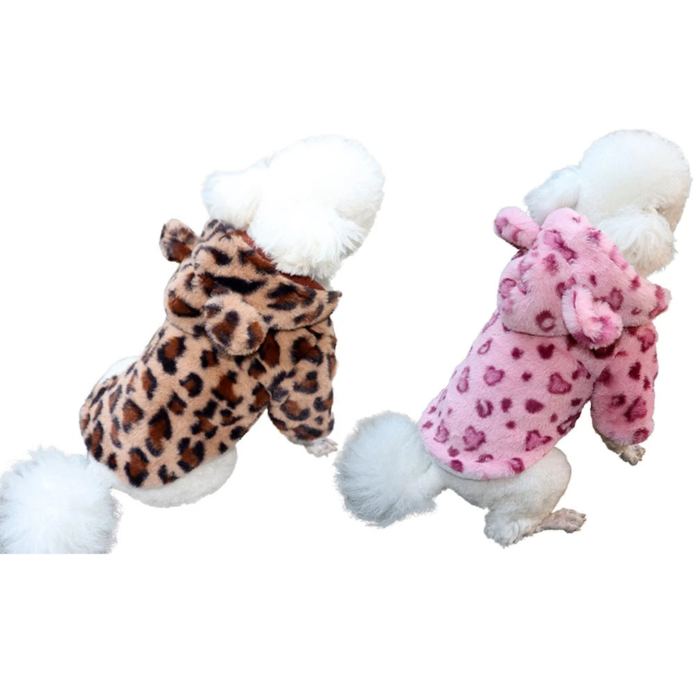 Leopard Fleece Dog Hoodie – Warm Winter Coat for Small Dogs