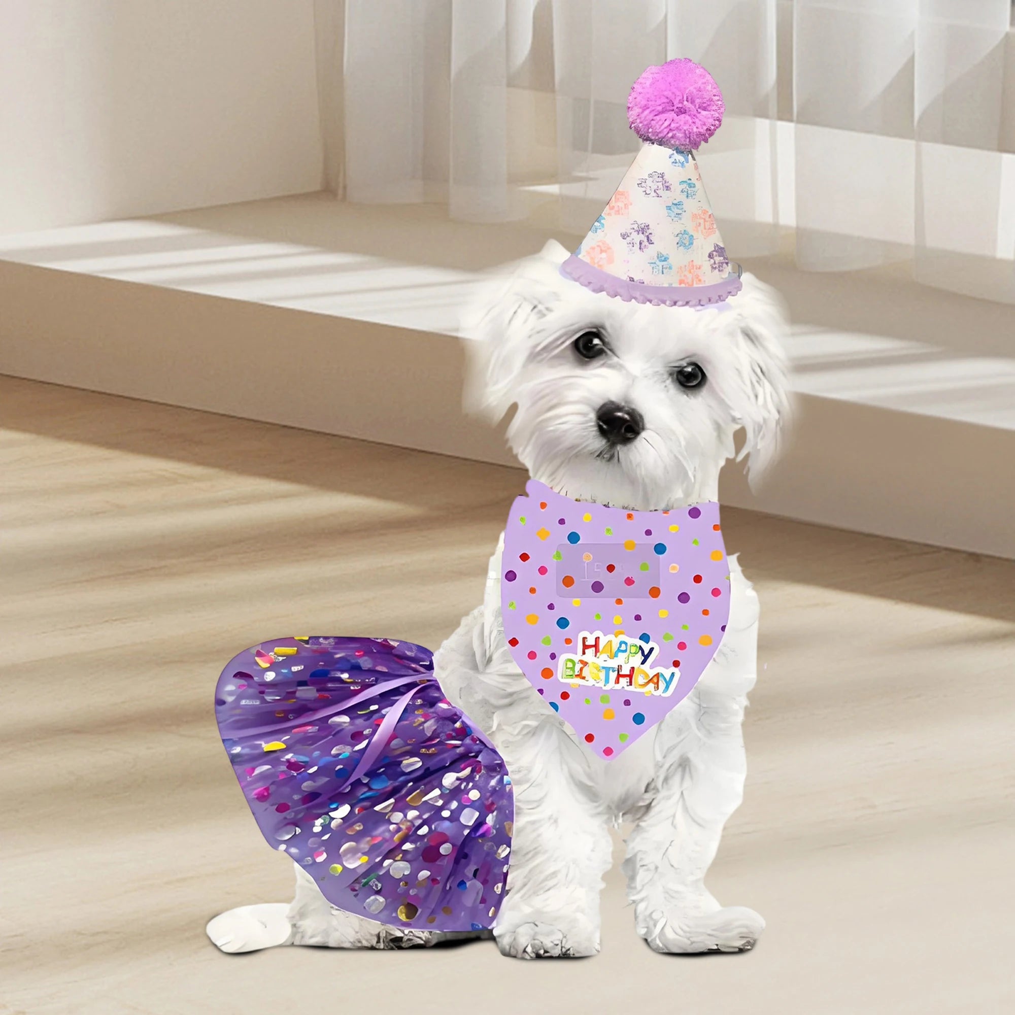 Dog Birthday Costume Set – Party Hat, Skirt & Scarf Outfit for Dogs & Cats