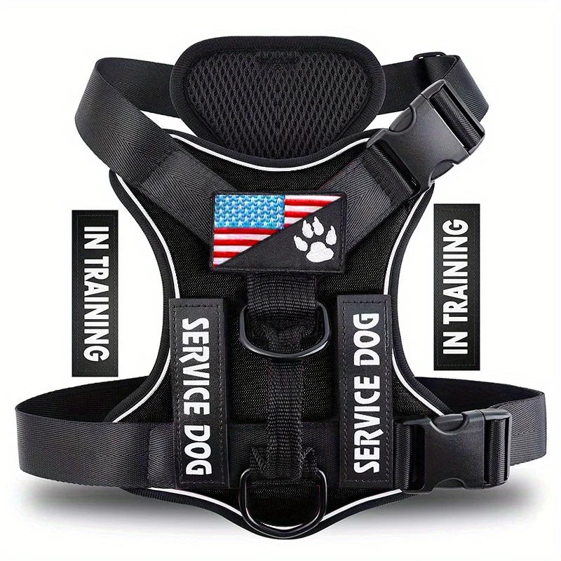 Service Dog Harness – Reflective Adjustable Dog Vest with 5 Patches, Soft Oxford & Mesh