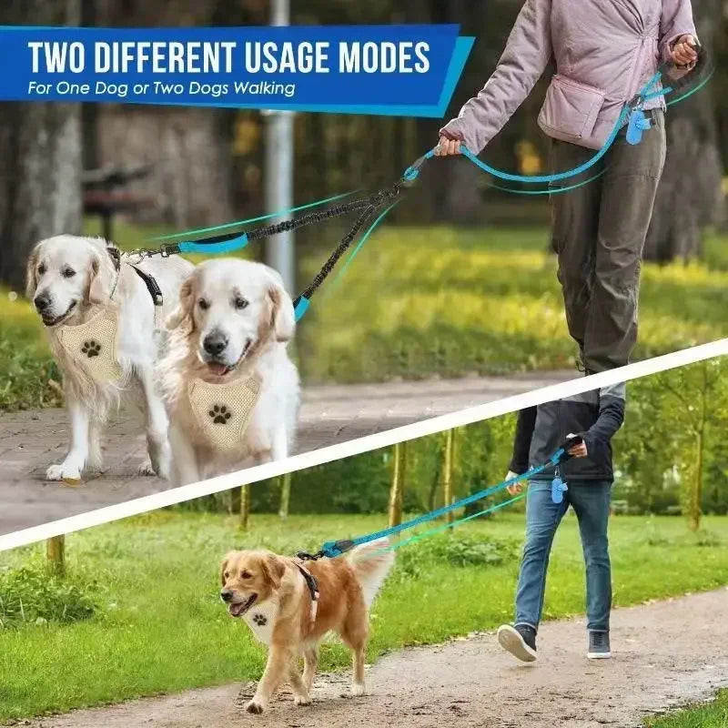 Reflective Double Dog Leash – 360° No-Tangle Dual Walking Leash with Two Traffic Handles & Shock Absorption