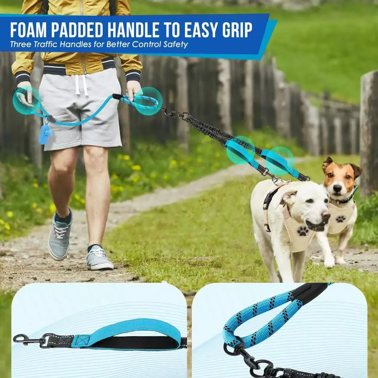 Reflective Double Dog Leash – 360° No-Tangle Dual Walking Leash with Two Traffic Handles & Shock Absorption
