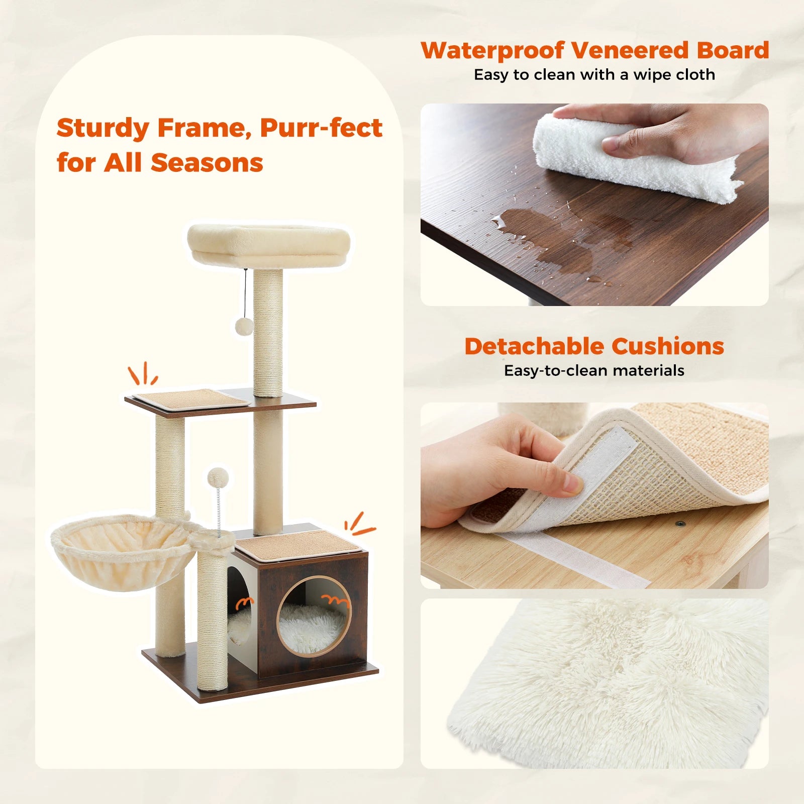 Modern Cat Tree – Multi-Level Wood Tower with Condo, Hammock & Scratching Posts