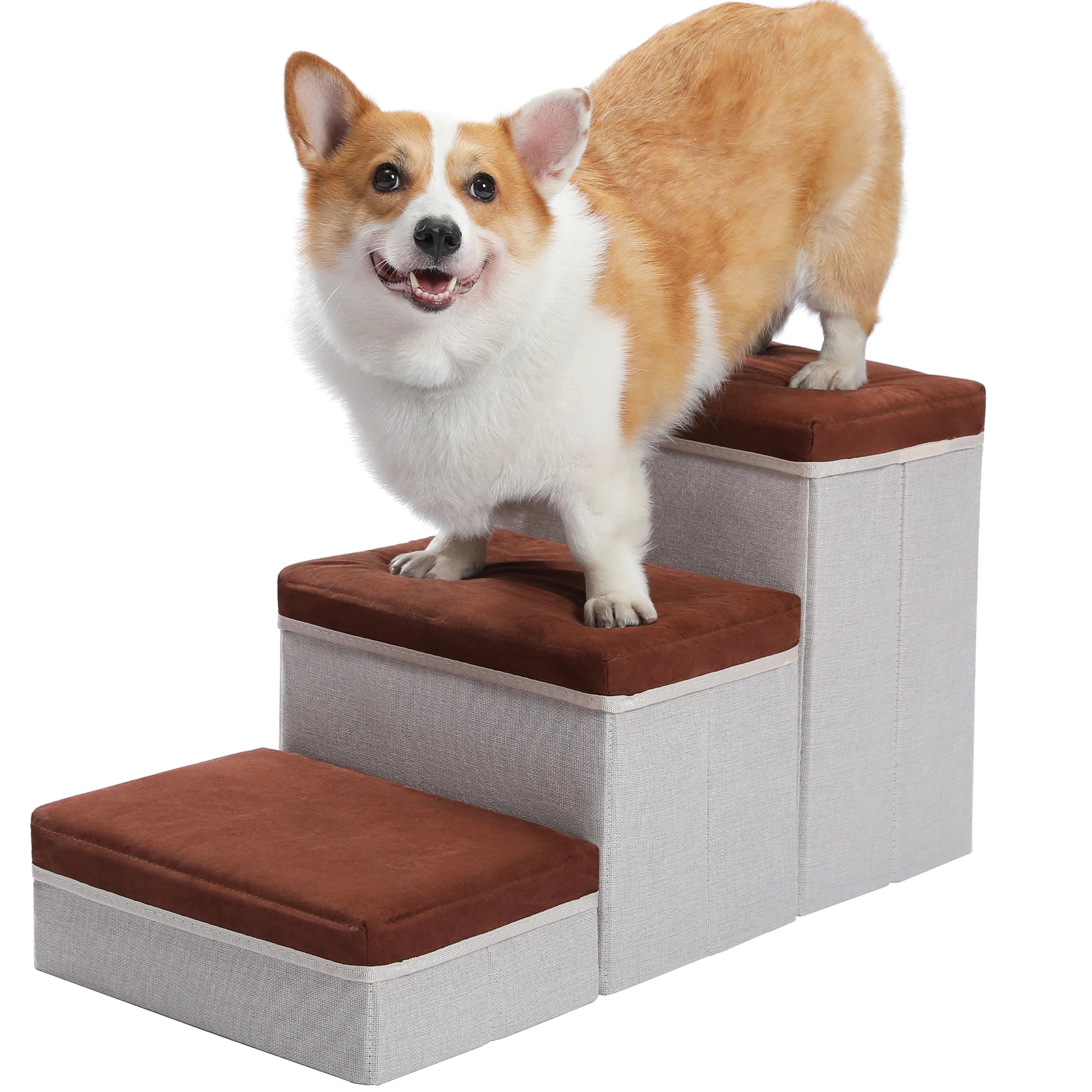 3-Tier Foldable Dog Stairs with Storage – Adjustable Height Pet Steps with Non-Slip Surface for Small & Senior Dogs and Cats (Indoor Use)