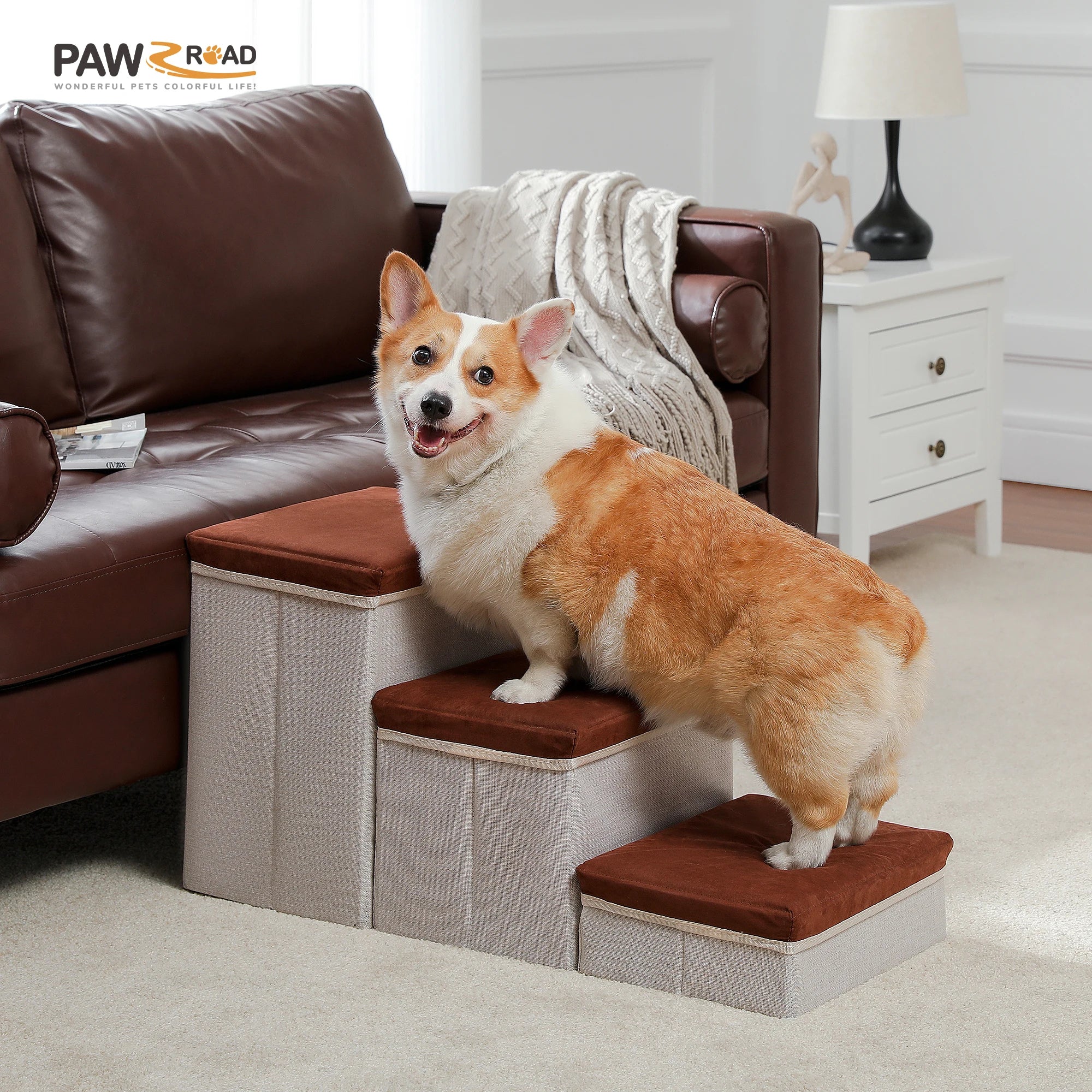 3-Tier Foldable Dog Stairs with Storage – Adjustable Height Pet Steps with Non-Slip Surface for Small & Senior Dogs and Cats (Indoor Use)