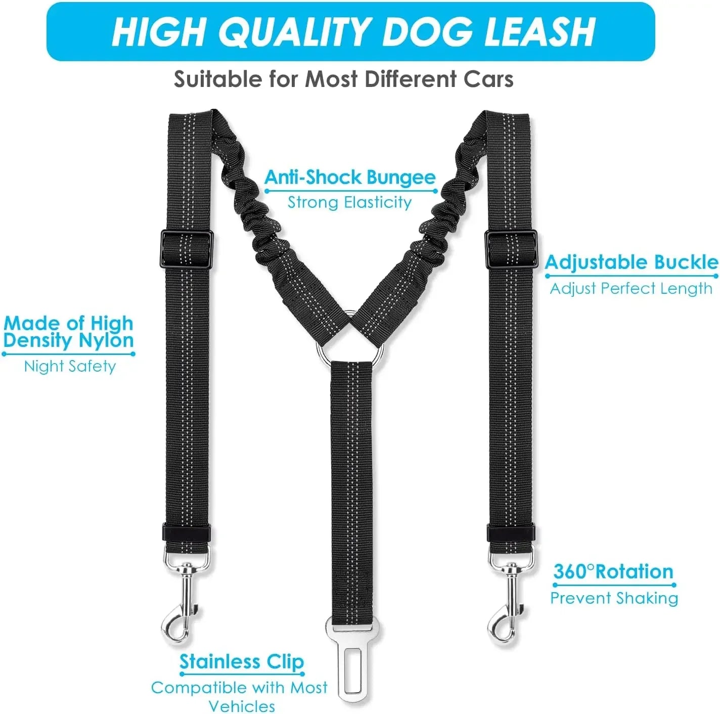 Double Dog Car Seat Belt – Adjustable No-Tangle Safety Leash with Bungee Buffer & Reflective Strips for Two Pets