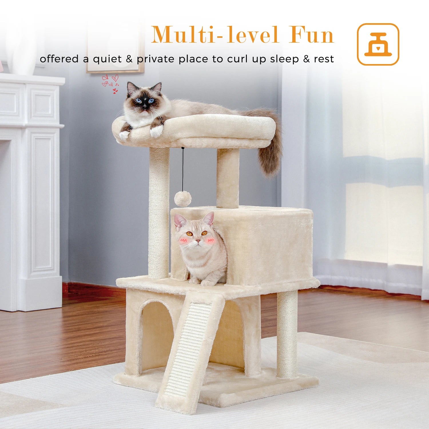 Wooden Cat Tower – Double Condos with Scratching Posts & Perches