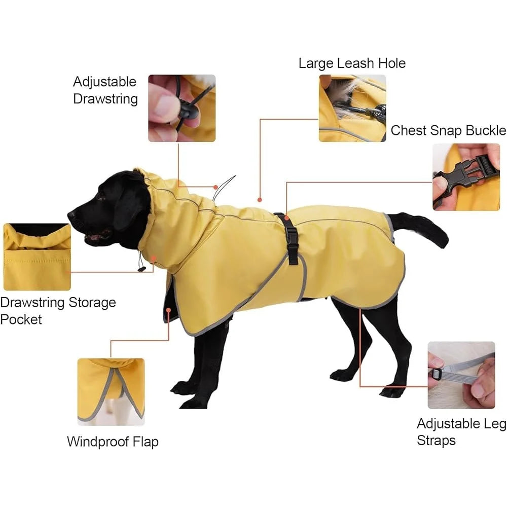 Waterproof Large Dog Raincoat – Lightweight Adjustable Poncho with Leash Hole & Reflective Stripes | Soft-Lined Weather-Resistant Jacket