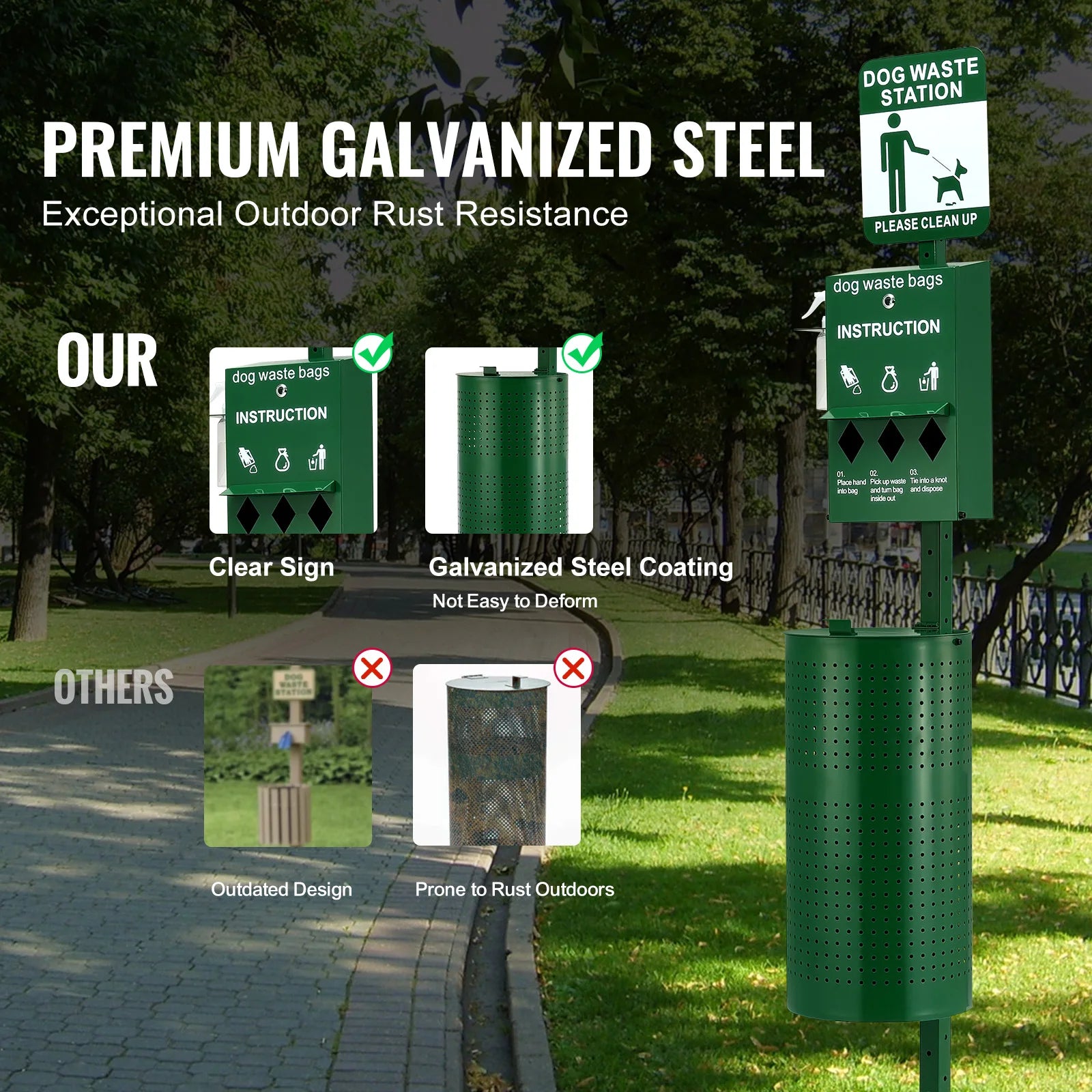 VEVOR Commercial Dog Waste Station with Hand Wash Bottle – Outdoor Pet Waste Disposal System with Bag Dispenser & Trash Can