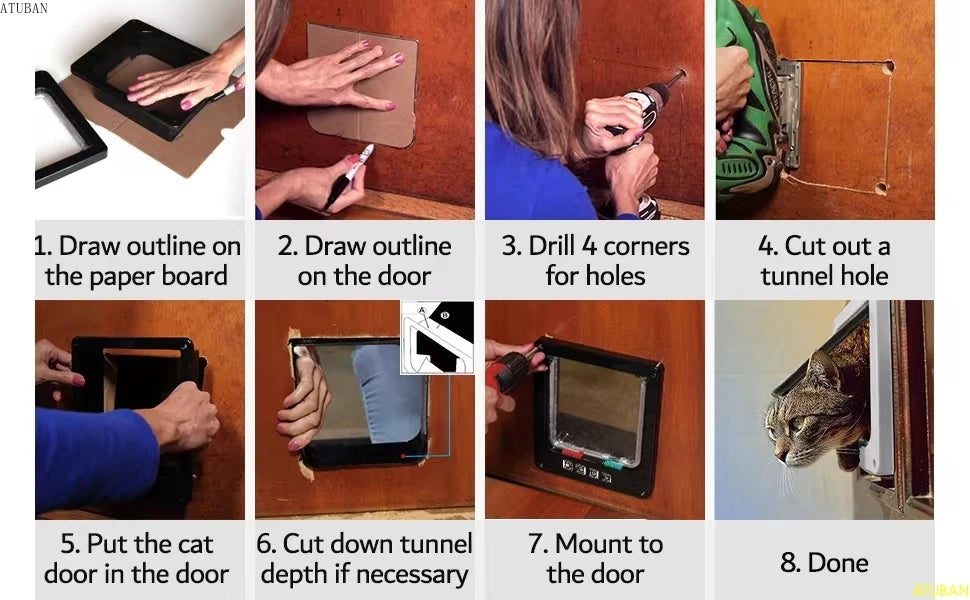 ATUBAN Large Cat Door – 4-Way Locking Pet Door for Interior, Exterior, Window & Wall Installation