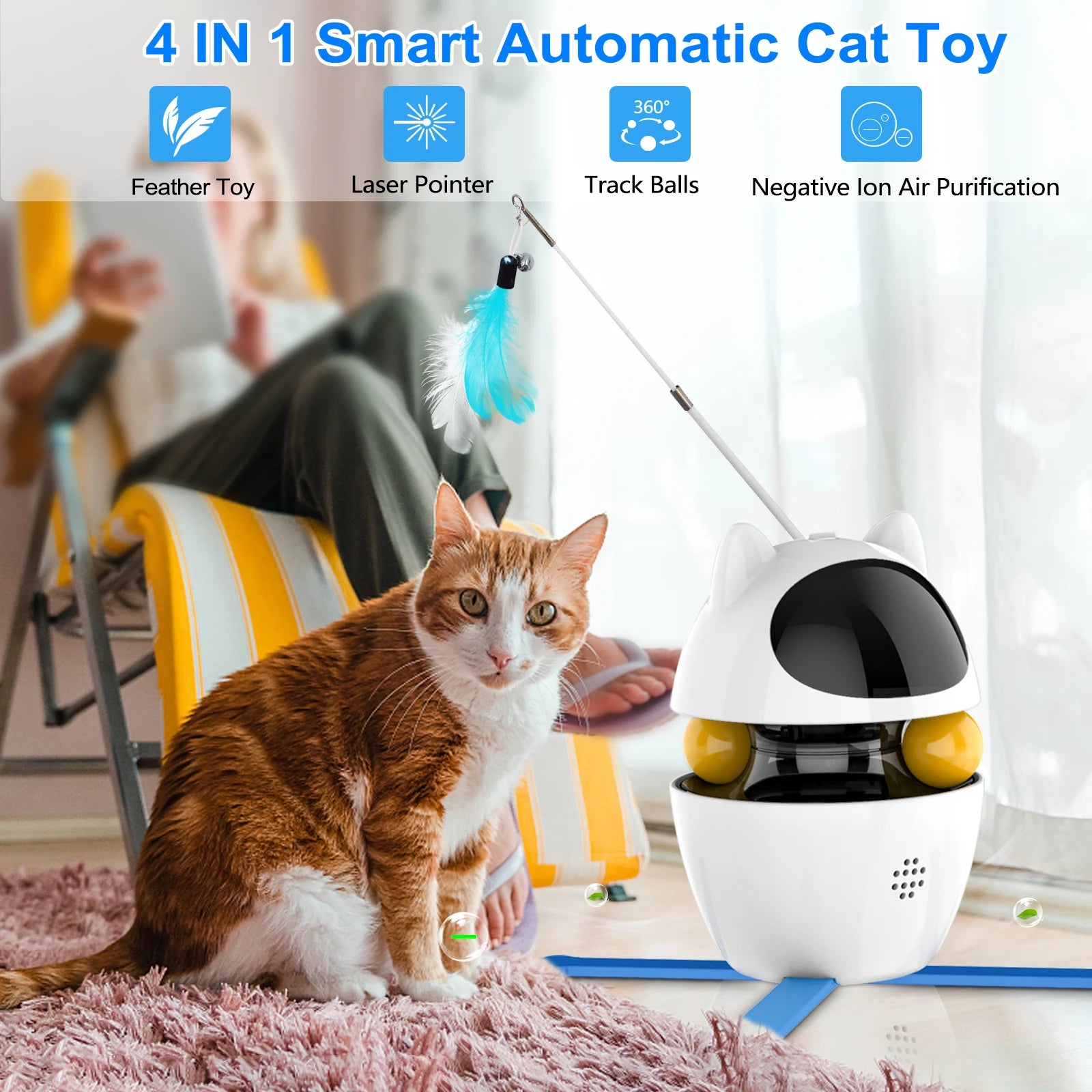 4-in-1 Electric Interactive Cat Toy – Automatic Laser, Feather, Chasing Ball & Exercise Toy for Indoor Cats – USB Rechargeable