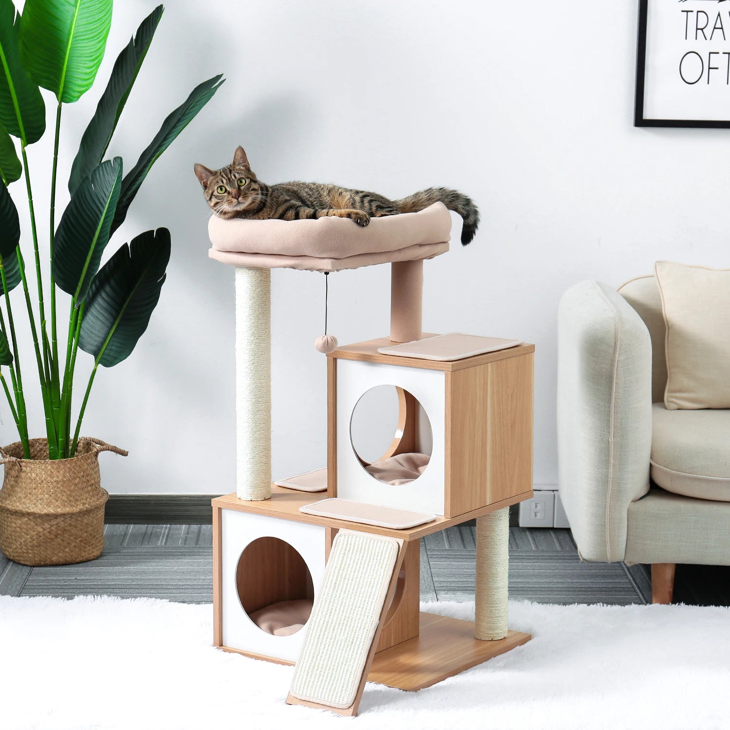 Wooden Cat Tower – Double Condos with Scratching Posts & Perches