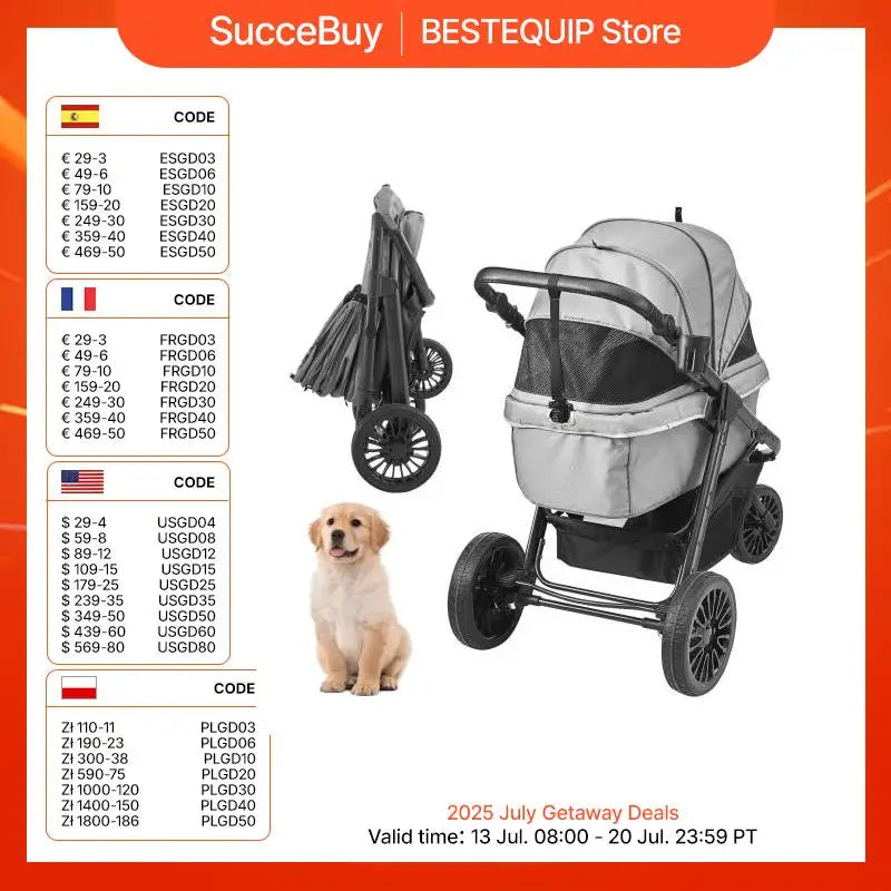 SucceBuy Lightweight Pet Stroller Carrier for Dogs & Cats – Travel-Friendly, 360° Rotation, Brakes, Cup Holder