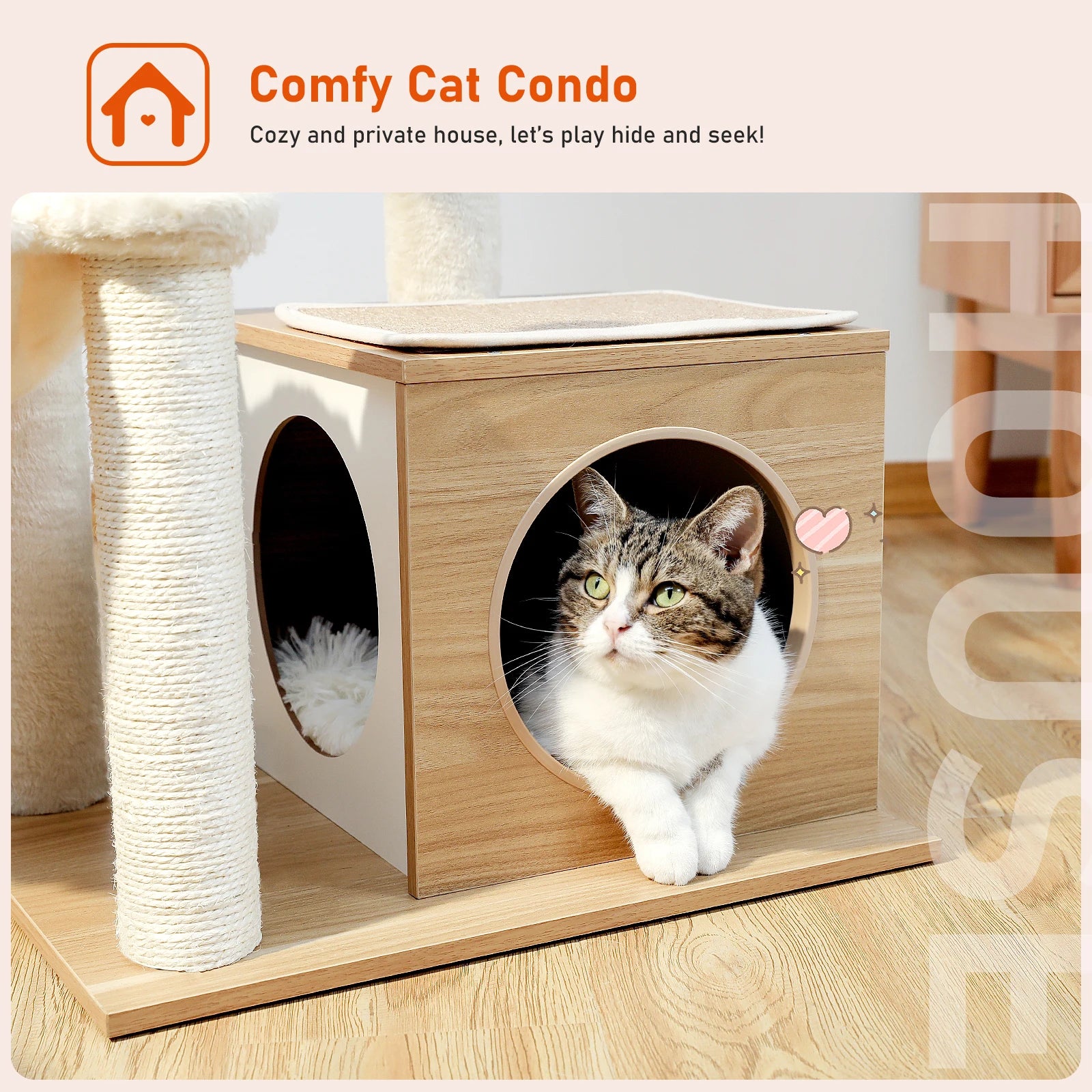 Modern Cat Tree – Multi-Level Wood Tower with Condo, Hammock & Scratching Posts