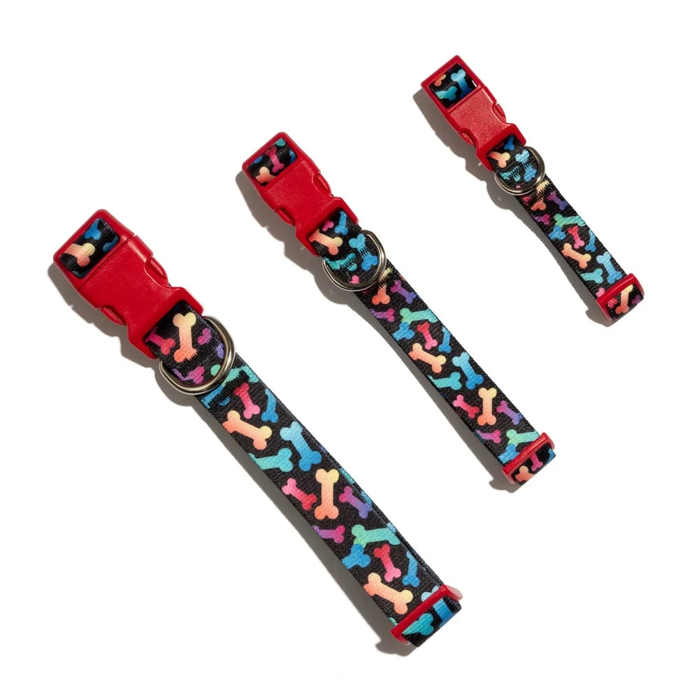 Multicolored Bone Print Dog Collar – Adjustable Medium Size Polyester Collar with Leash Attachment