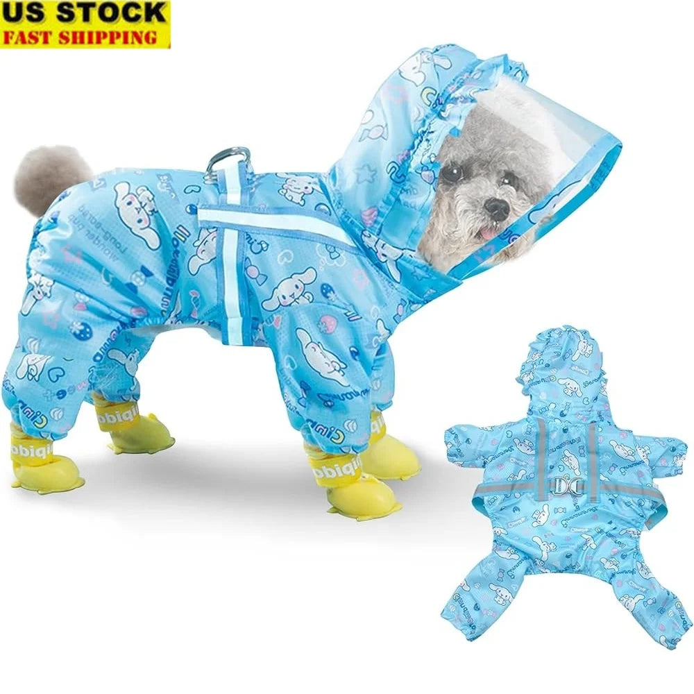 Waterproof Dog Raincoat – Adjustable 4-Legged Rain Jacket with Hood, Leash Hole, and Reflective Trim for Outdoor Use