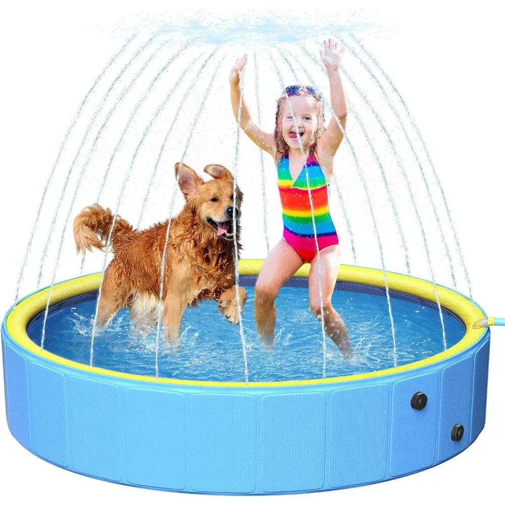 63" Thicken Foldable Dog & Kiddie Pool – 2-in-1 Non-Slip Hard Plastic Pet Bath and Sprinkler Pool for Summer Outdoor Fun