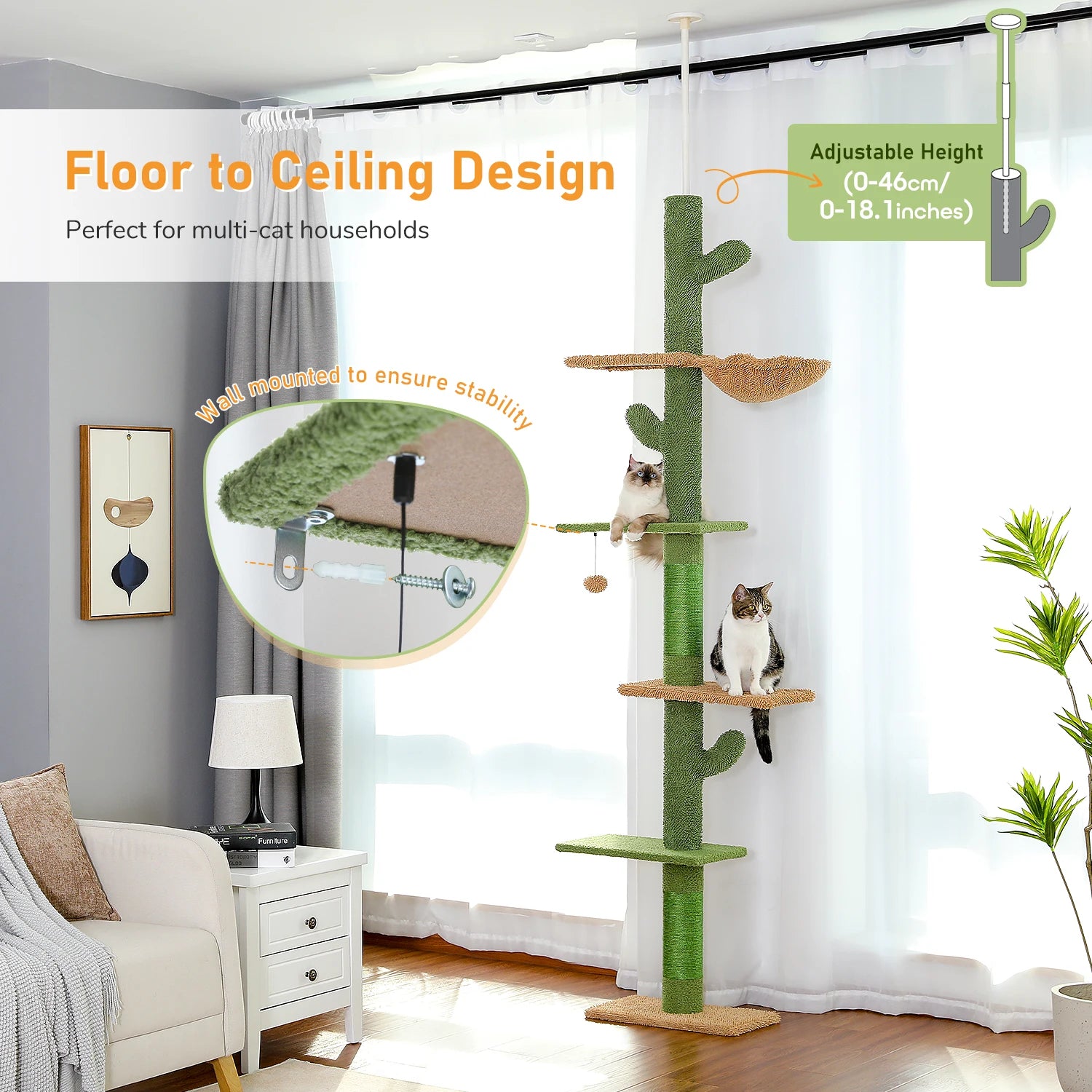 Cactus Cat Tree – 5-Tier Floor-to-Ceiling Tower with Hammock & Scratching Posts
