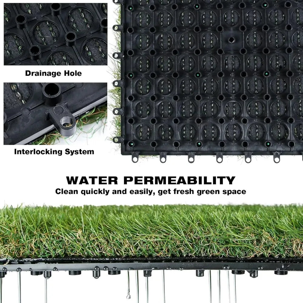 Outdoor Artificial Grass Turf Squares – 9-Pack 12"x12" Interlocking Fake Grass Mats for Patio, Balcony, Deck & Pet Potty Use