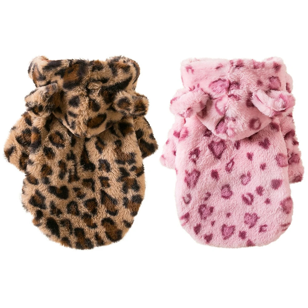 Leopard Fleece Dog Hoodie – Warm Winter Coat for Small Dogs