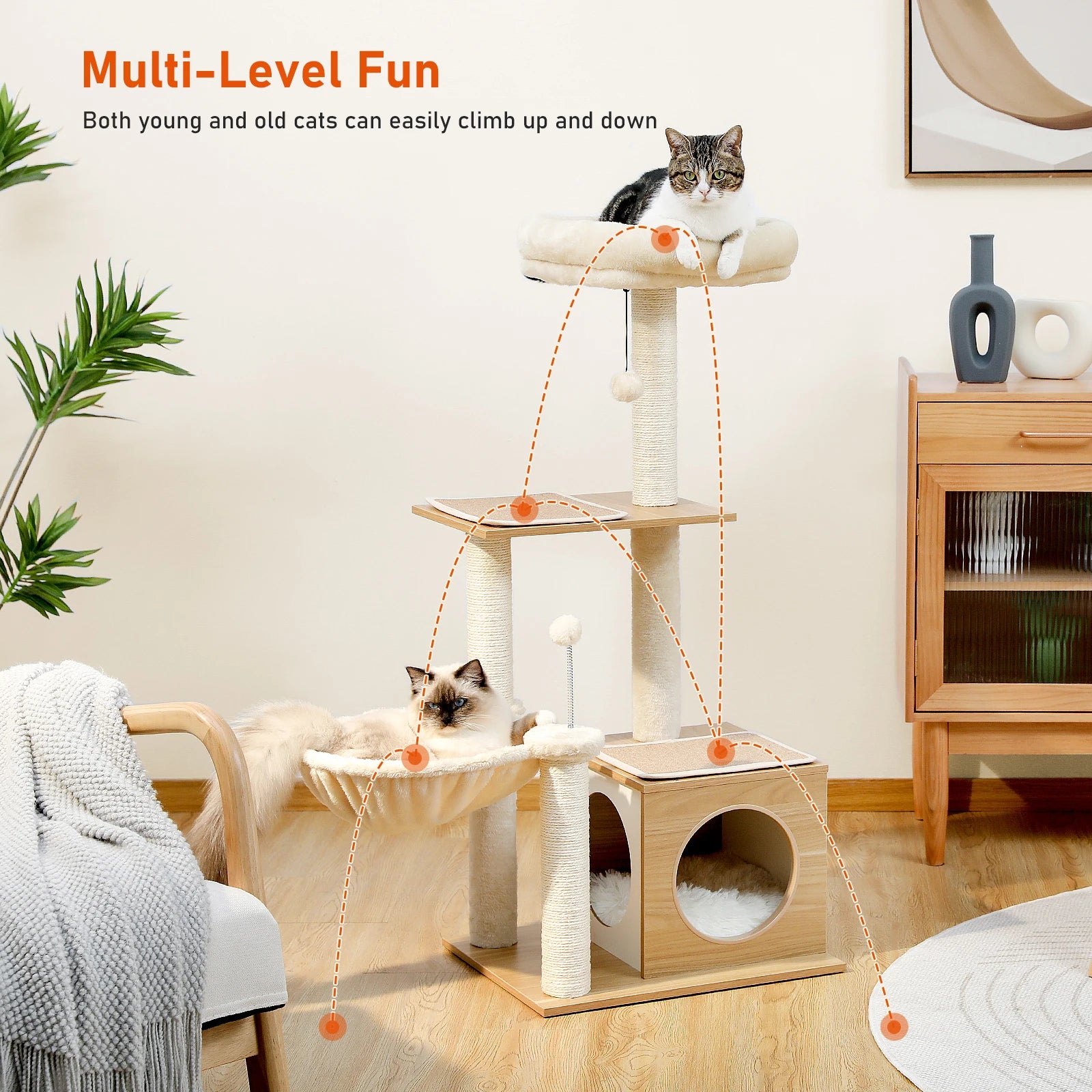 Modern Cat Tree – Multi-Level Wood Tower with Condo, Hammock & Scratching Posts