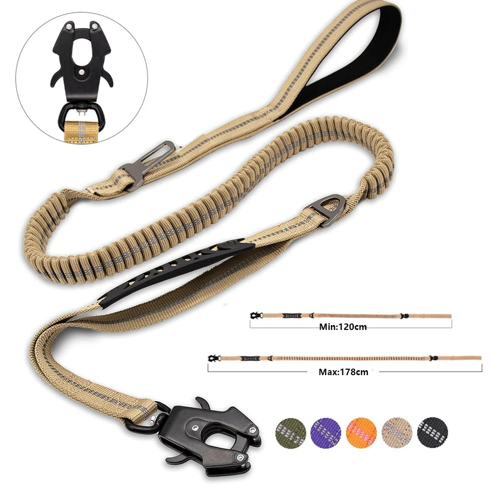 Reflective Shock-Absorbing Tactical Bungee Dog Leash with Car Seatbelt Clip – Heavy Duty No-Pull Leash for Large Dogs